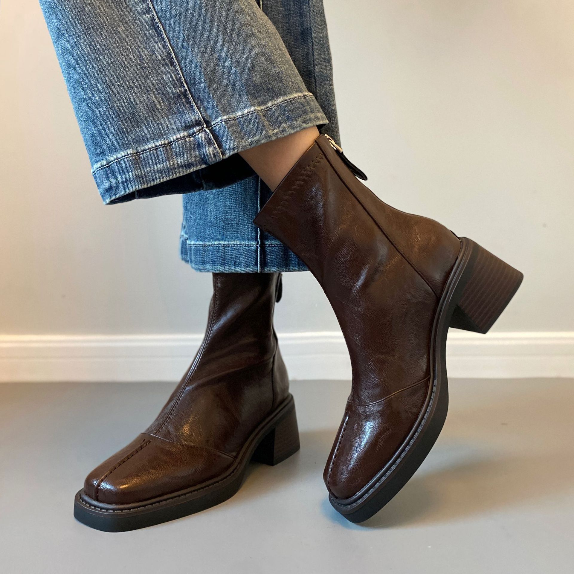 【现货】高跟方头短靴马丁靴春秋季单靴后拉链短靴女士粗跟靴子详情10