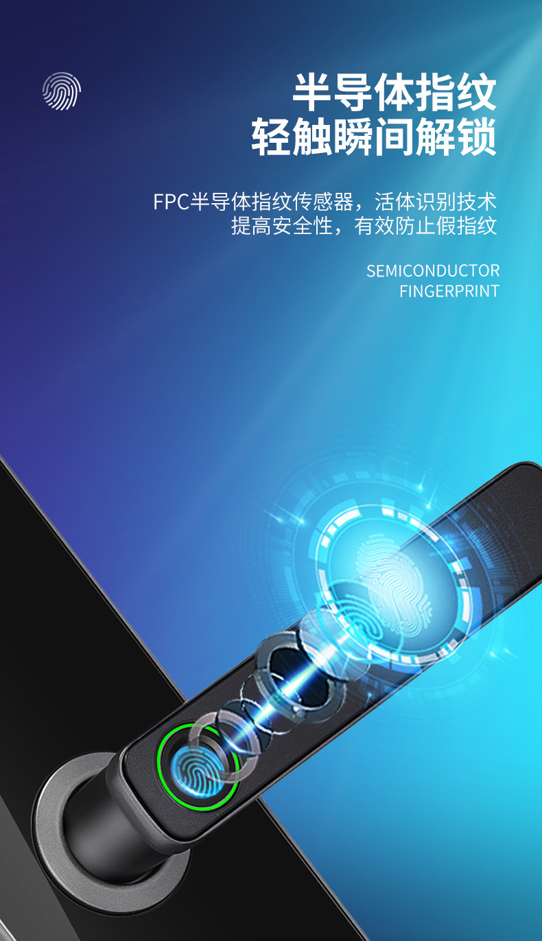 The black smart door lock is equipped with a digital keyboard, fingerprint recognition and a green circular indicator light handle pic 4