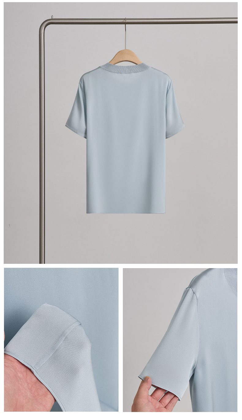 春夏季新品纯色桑蚕丝透气上衣 真丝简约短袖T恤时尚打底上衣女详情12
