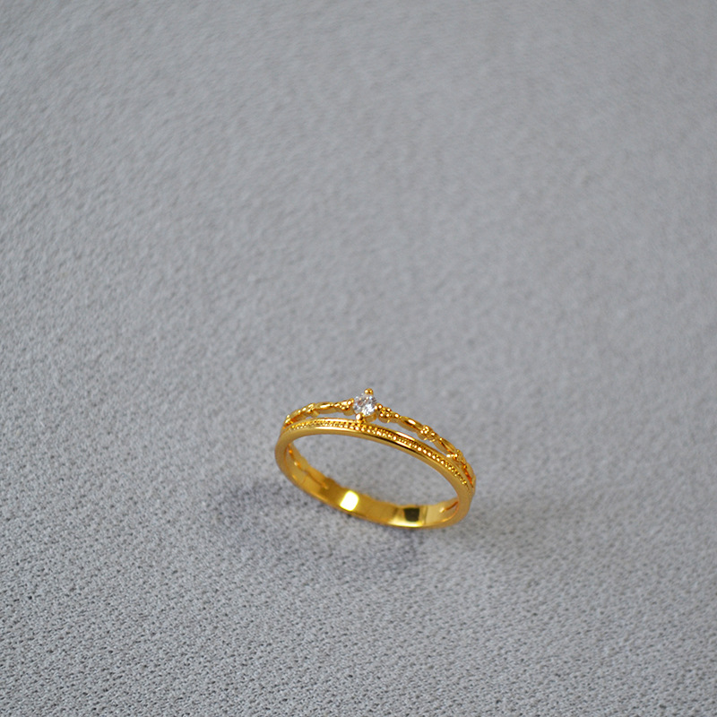 日系小众轻奢复古简约双层线条锆石闪钻黄铜镀金叠戴细戒指食指戒详情4