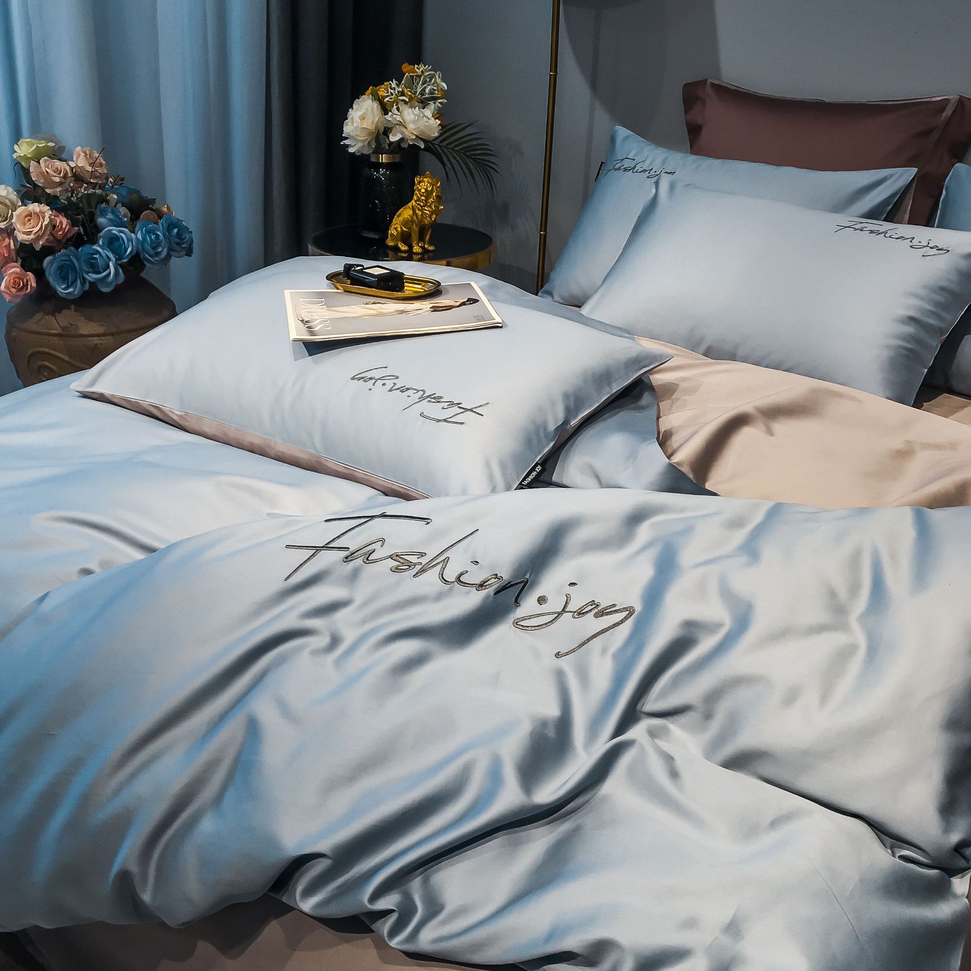 Wholesale from the factory: simple solid-color 60-piece brocade long-staple cotton embroidered four-piece set, color-blocking all-cotton Nordic bedding pic 14