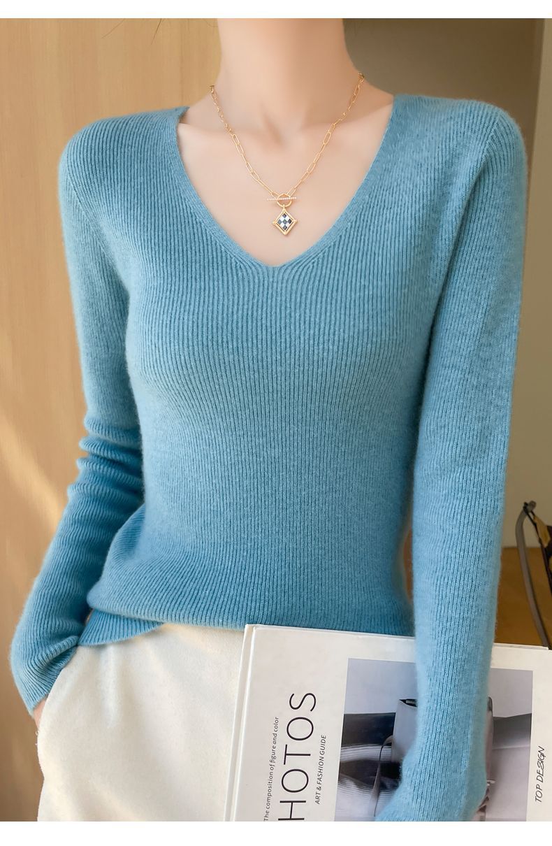 This autumn and winter new style of wool sweater features a V-neck that is slimming and versatile. It is a long-sleeved, casual and elegant sweater with a base layer of knitted sweater for women pic 19