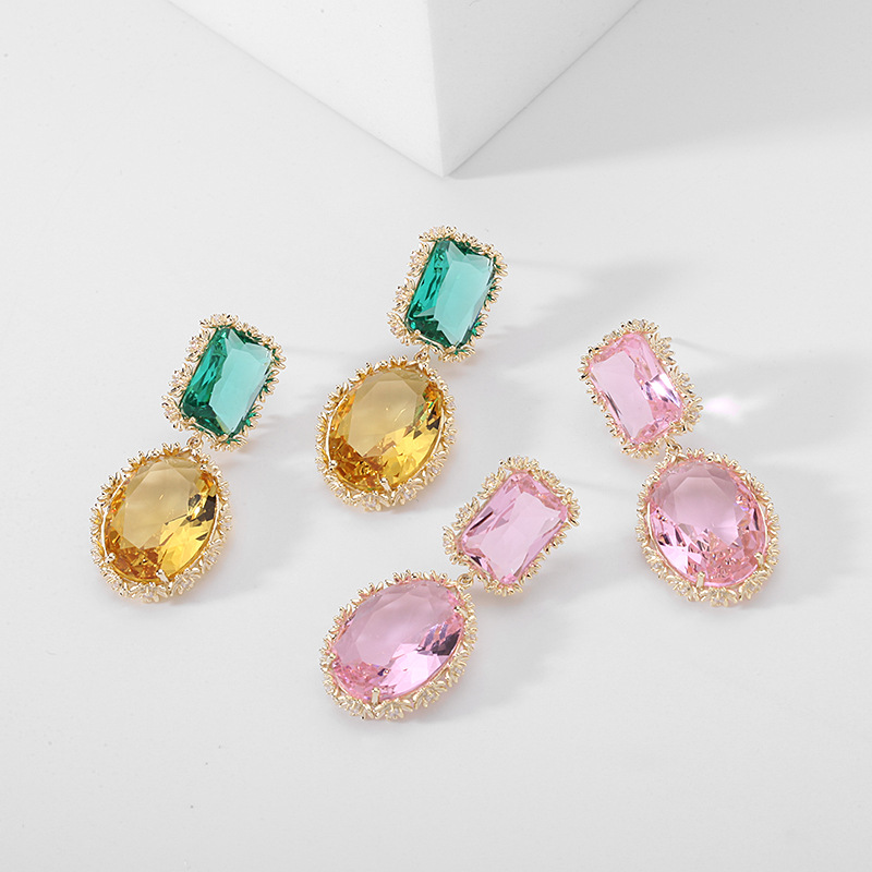 Summer Korean Heavy Industry colorful crystal simple earrings, fashionable silver needle color preservation real gold, popular geometric zircon earrings pic 12