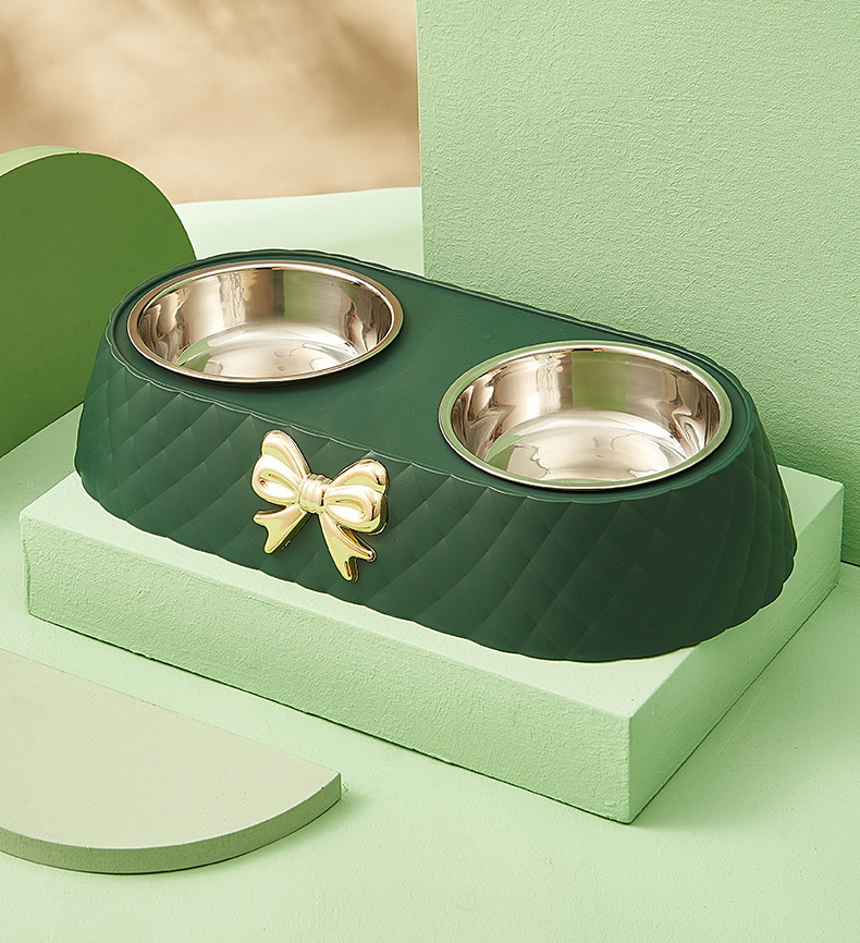 Bow-shaped pet double bowl dog food set, stainless steel double bowl anti-knock and anti-slip, light luxury style cat bowl wholesale pic 8