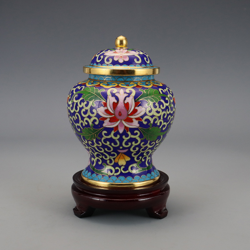 Beijing Cloisonne craft gift piece: Traditional copper body cloisonne enamel polished 5-inch lotus patterned General jar pic 5