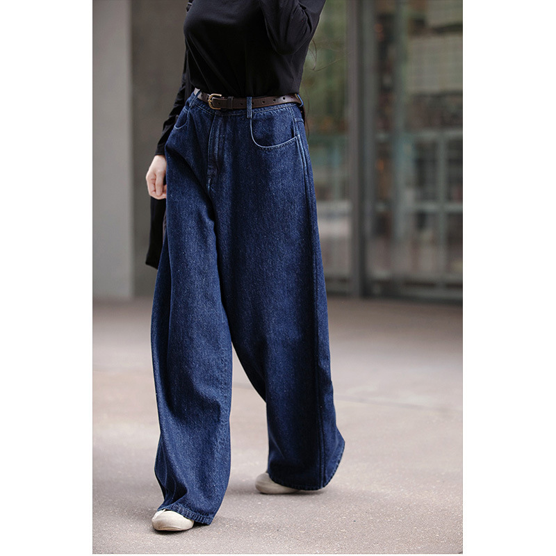 A niche all-season deep indigo blue mid-waisted loose and versatile wide-leg jeans pic 1