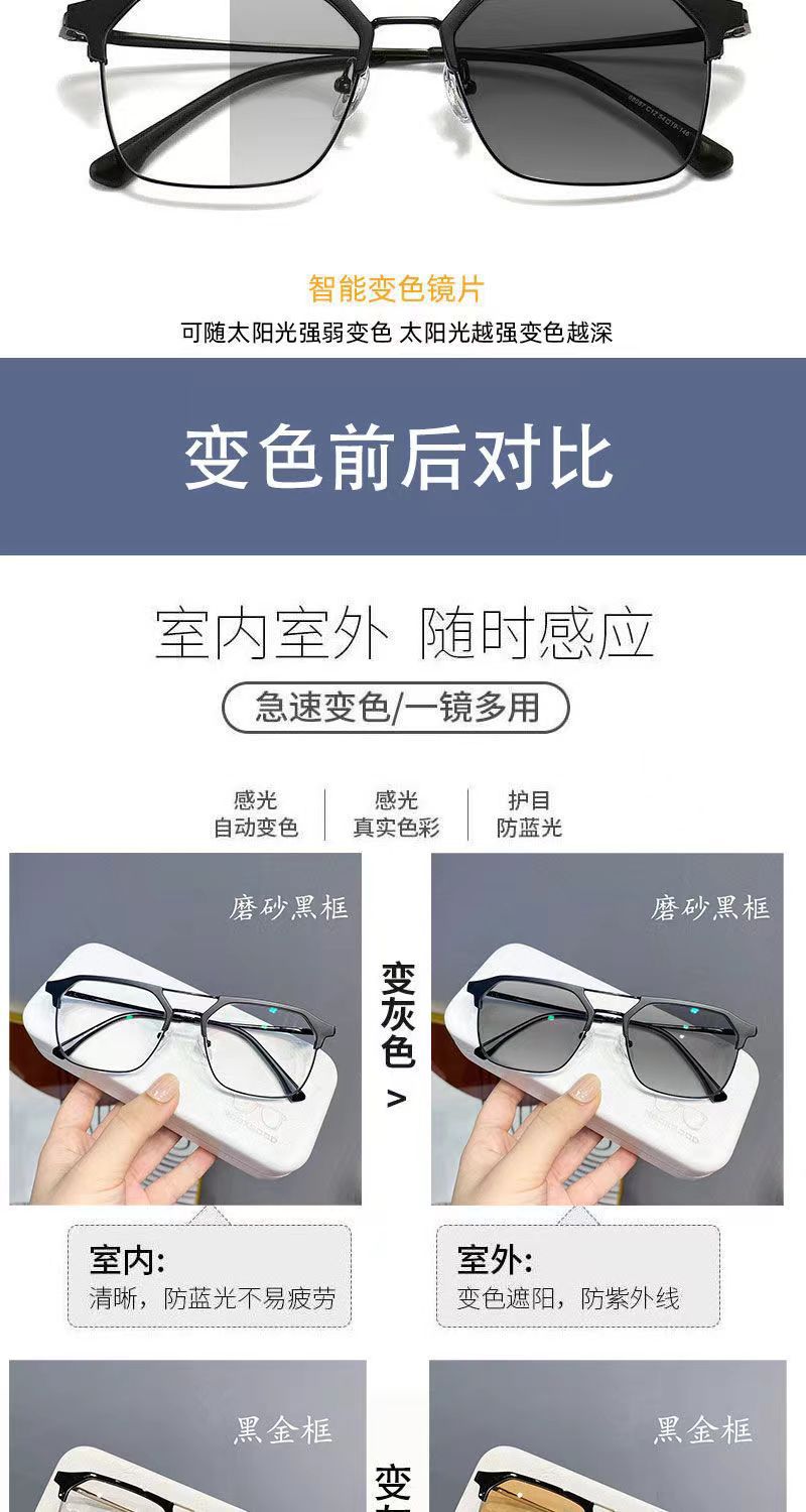 新款复古双梁男款大框防蓝光变色眼镜自动感光变色成品近视眼镜框详情2