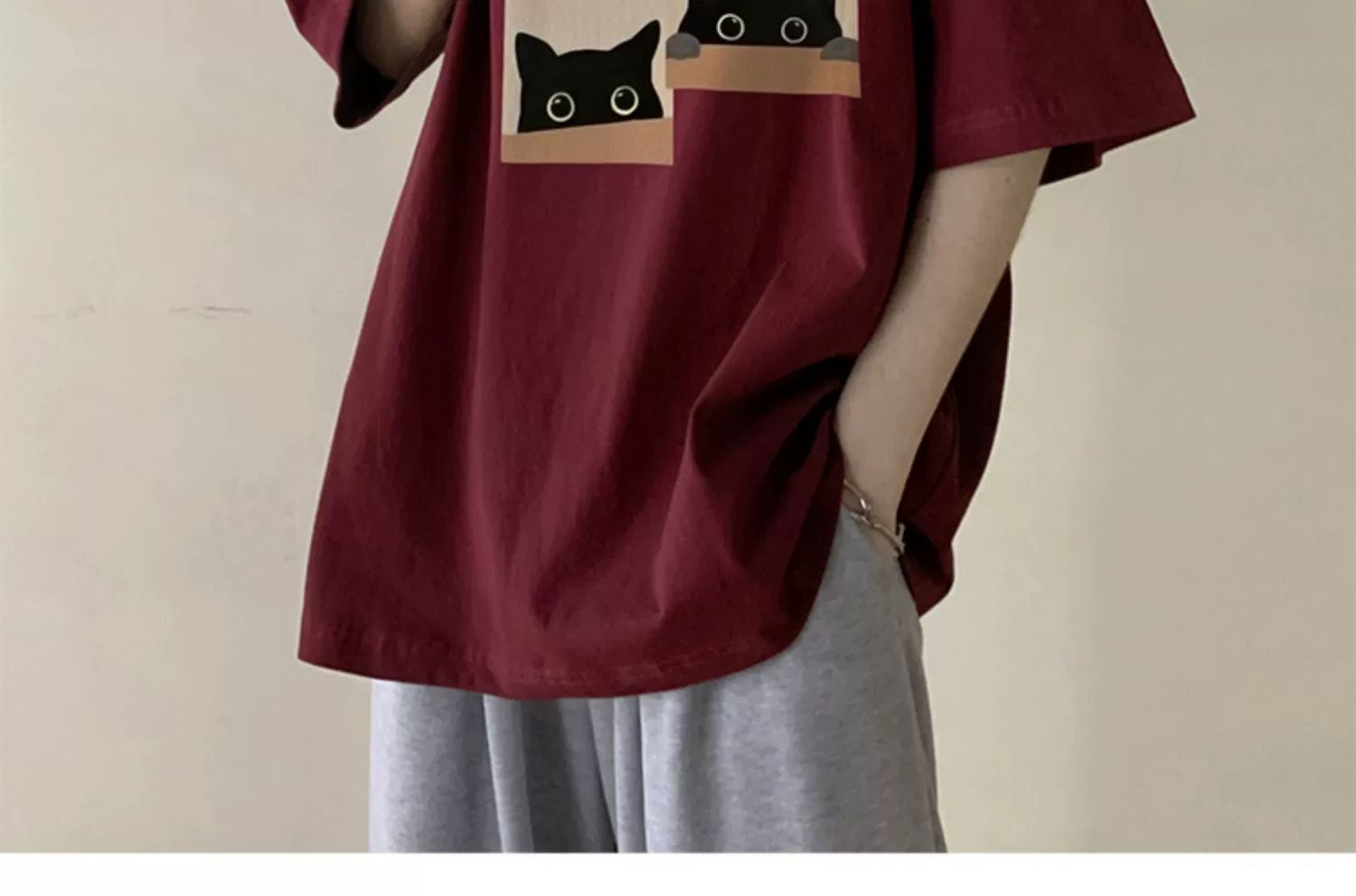 酒红色廓形短袖T恤男生夏季男士情侣衣服2024新款青少年宽松半袖详情9
