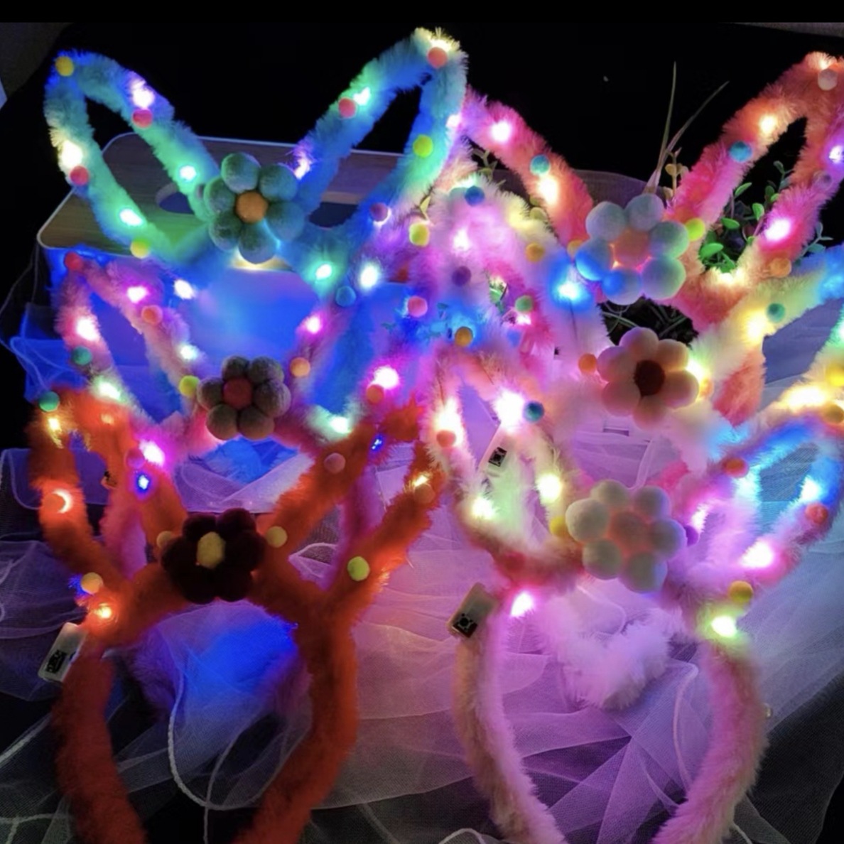 New illuminated toy, night market street stall, 14-light, all-fur rabbit ear children's hair band pic 4