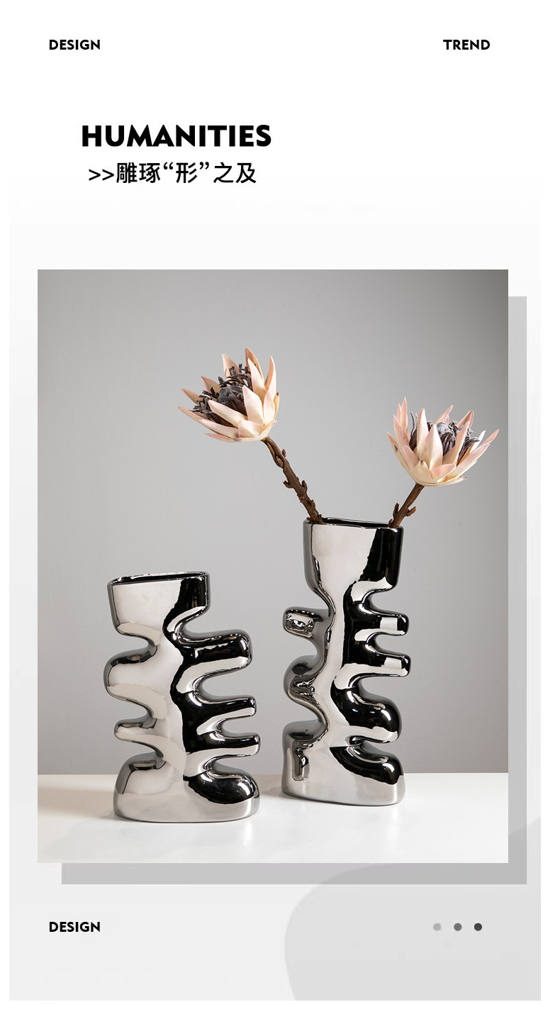 现代艺术家居软装银色陶瓷花瓶摆件 手工工艺品样板房别墅酒店装饰品详情5