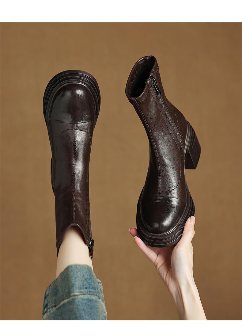 头层牛皮真皮弹力新款瘦瘦靴大码粗跟高跟短靴女秋冬厚底马丁靴详情20