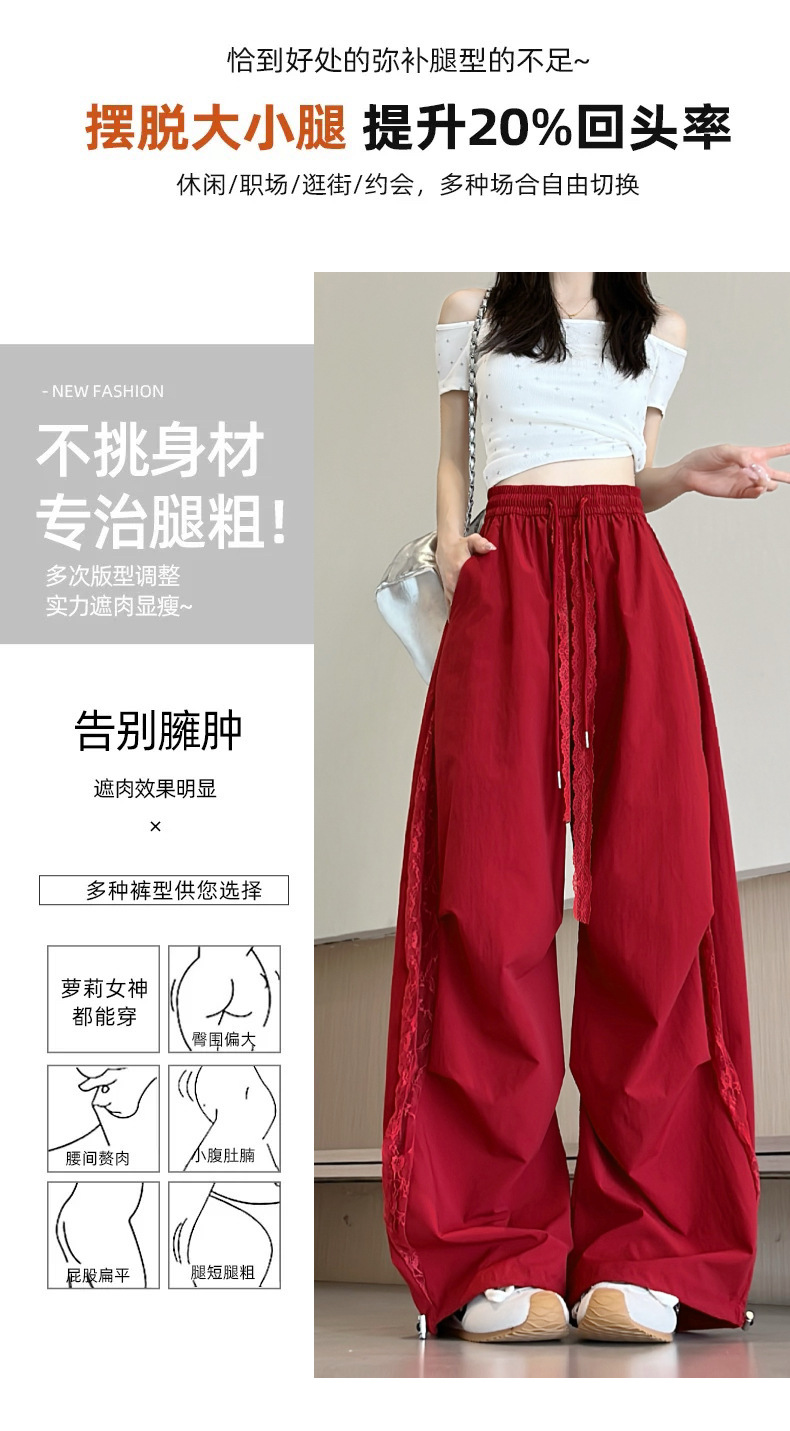 夏季薄款百搭蕾丝工装裤女2025新款镂空拼接宽松阔腿直筒裤子详情6