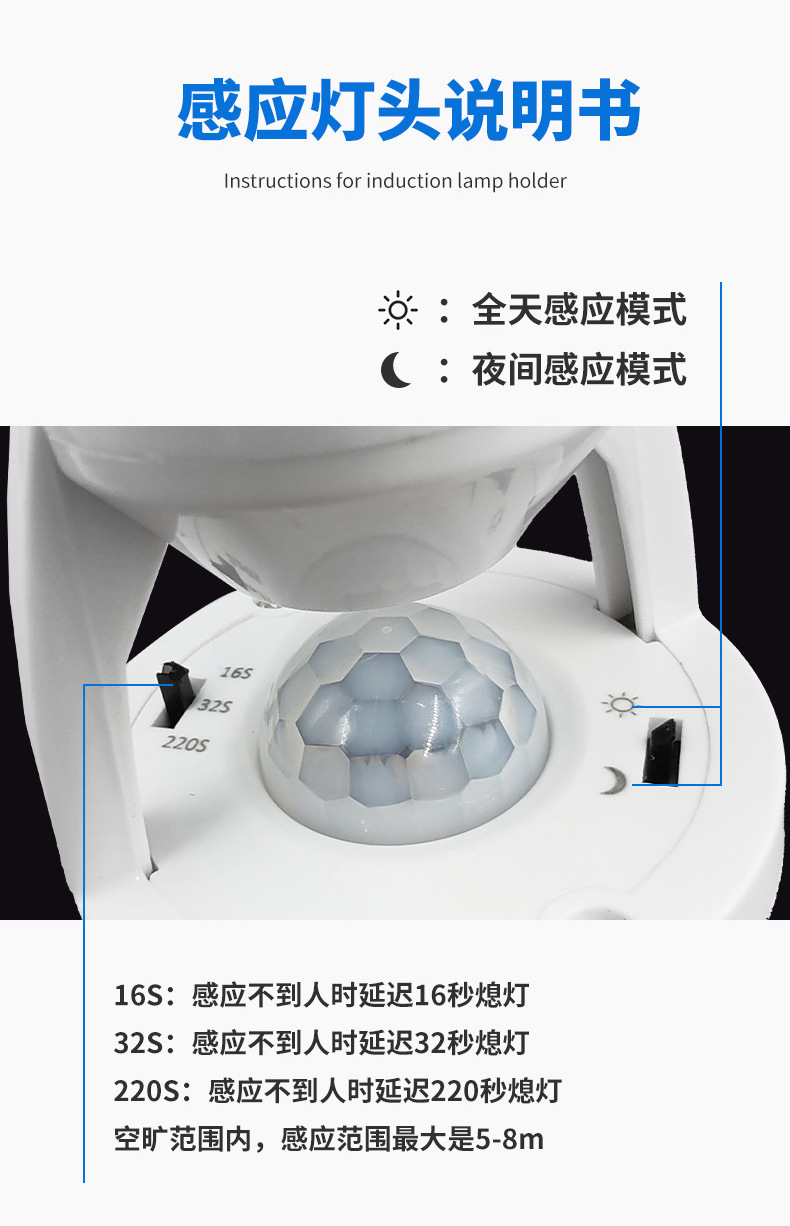 Intelligent human body sensor lamp base turns on immediately upon arrival, infrared radar switch, voice-controlled corridor garage E27 sensor lamp head pic 7