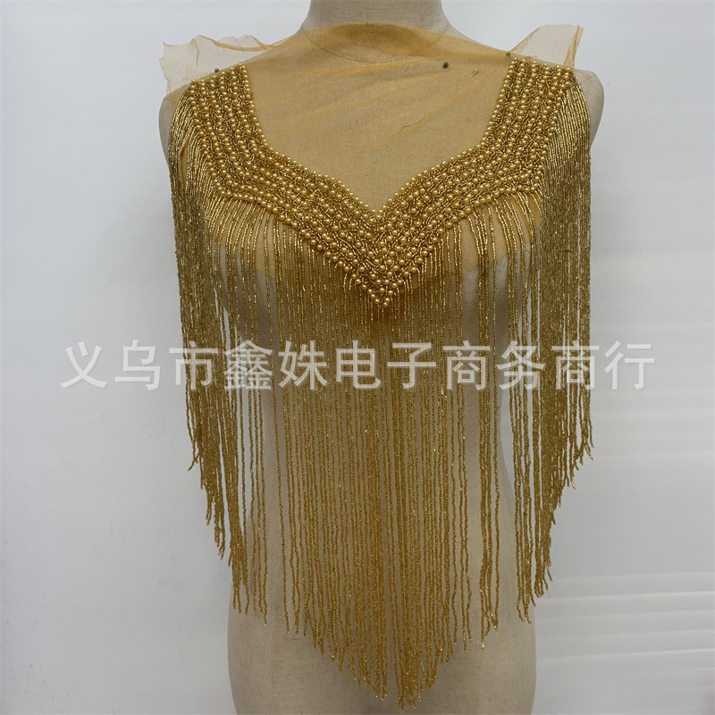 金色手工钉珠流苏网纱贴花 婚纱礼服舞蹈服使用详情1