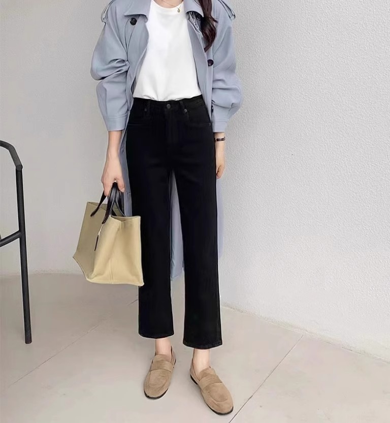 大码黑色牛仔裤女春秋新款胖mm小个子九分裤显瘦弹力直筒烟管裤子详情9