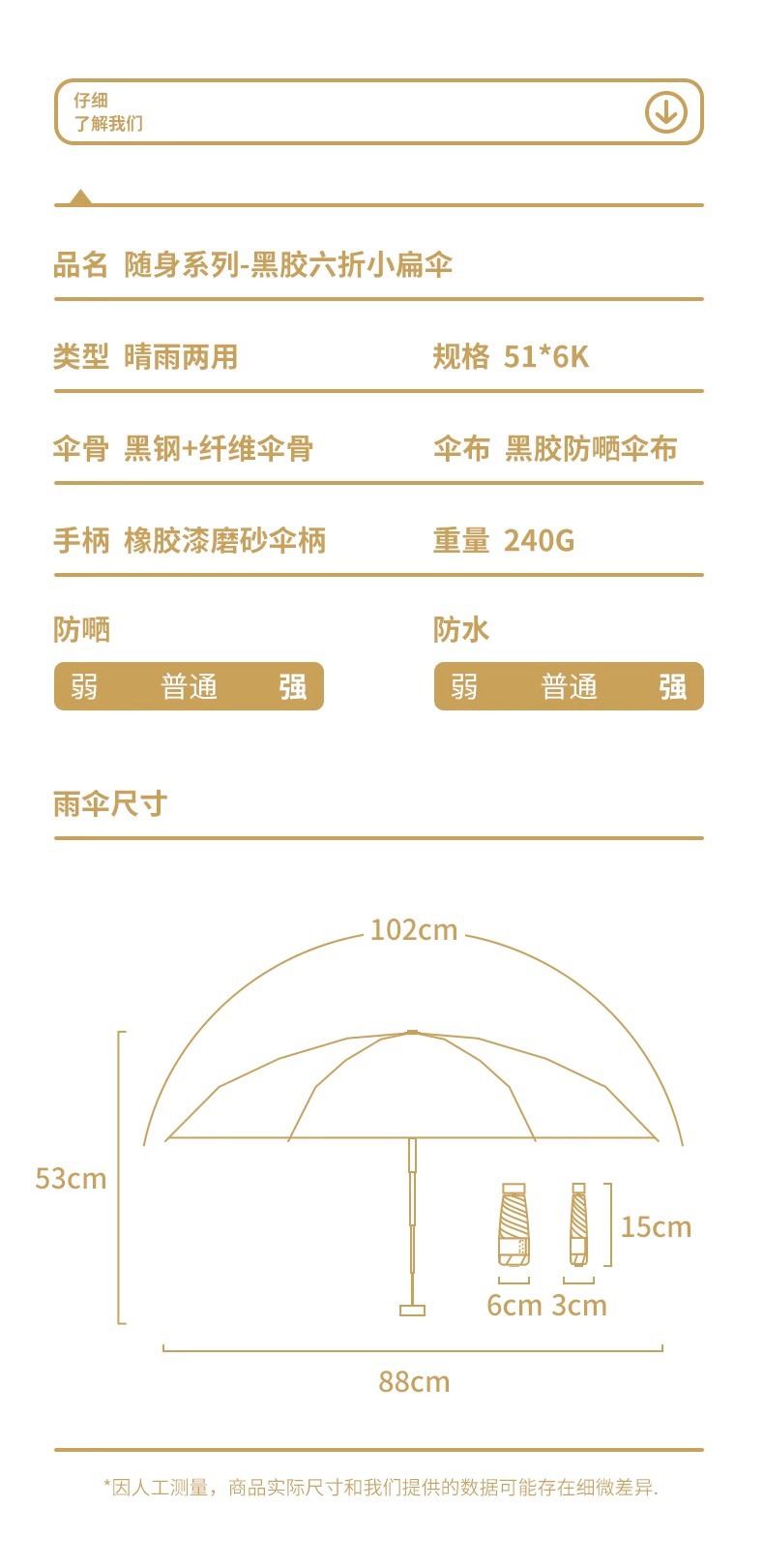手动随身便携口袋迷你小巧可爱纯色黑胶防晒六折防紫外线晴雨两用详情18