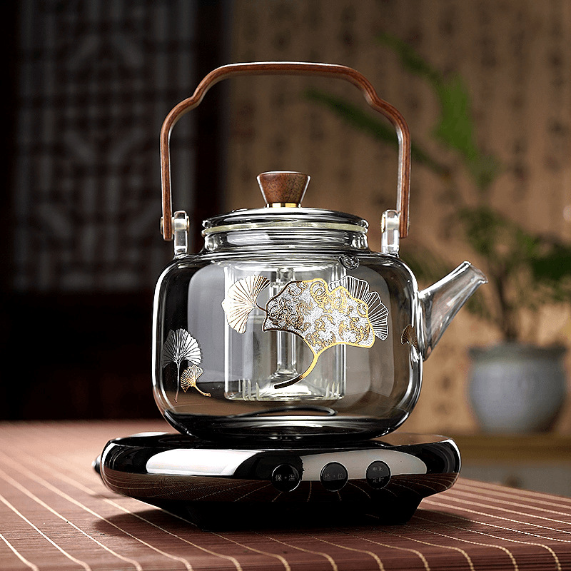 围炉煮茶壶提梁壶高硼硅玻璃茶壶胡桃木把煮茶壶双胆蒸煮一体茶壶详情11