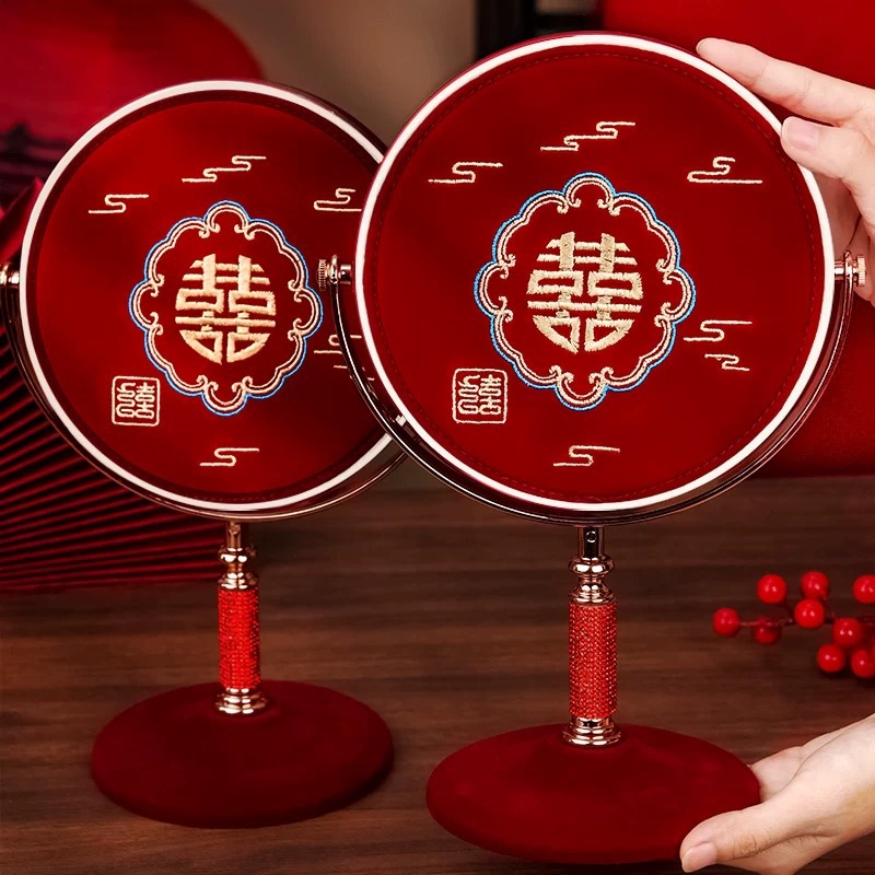 结婚陪嫁刺绣化妆镜礼盒一对红色新娘出嫁喜女方嫁妆婚庆用品大全详情1