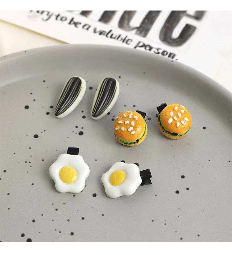 Super cute simulation food mini clips, strange hair clips, funny food, rice, poached eggs, corn and melon seed clips pic 8