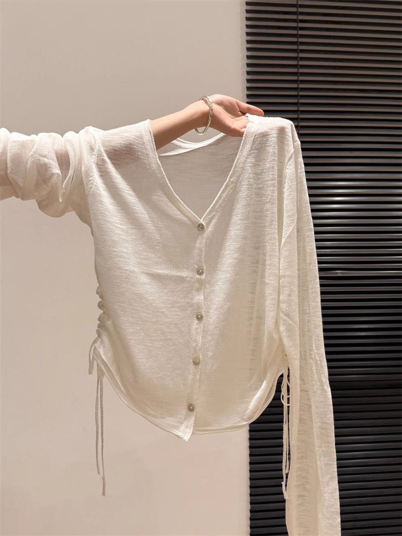 奥特莱斯~大牌余单V领防晒针织长袖开衫女潮夏季新款抽绳薄款上衣详情13