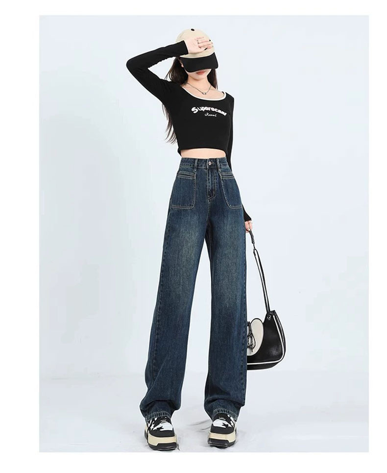 复古窄版阔腿牛仔裤女2024新款春秋高腰直筒宽松小个子垂感拖地裤详情8