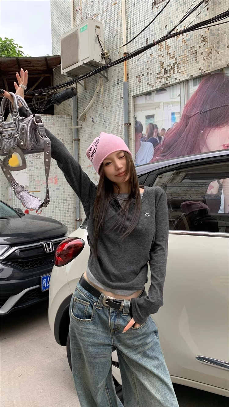 女士T恤假两件长袖T恤秋冬内搭修身显瘦打底上衣美式复古打底衫详情17