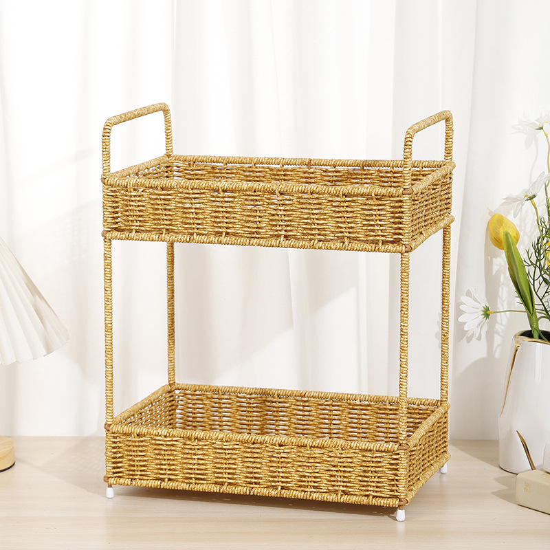New rectangular double-layer fruit plate, fruit basket, bread basket and vegetable basket, purely hand-woven from Vietnamese rattan for home storage pic 1