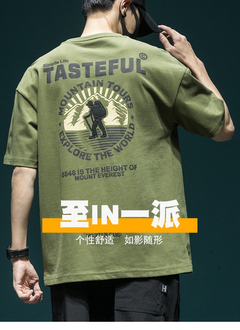 夏季美式复古重磅大印花短袖t恤男宽松大码ins潮流绿色体恤上衣男详情1