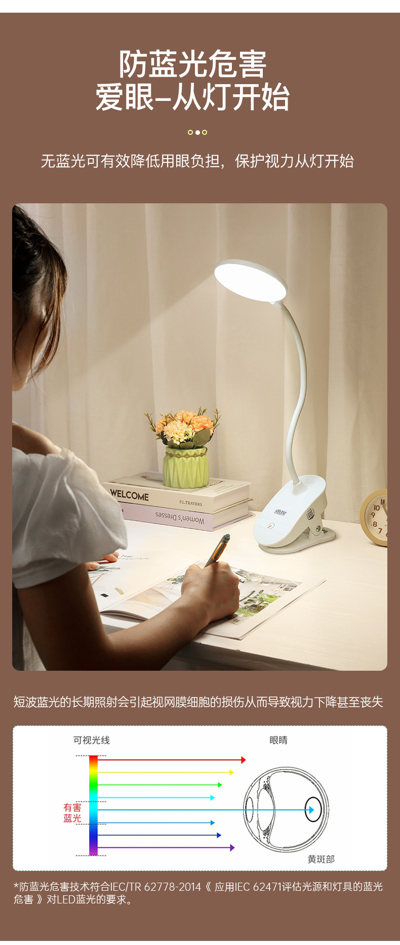 Clip desk lamp, study, student dormitory home eye-protecting lamp, desk LED rechargeable desk lamp, bedroom bedside lamp pic 9