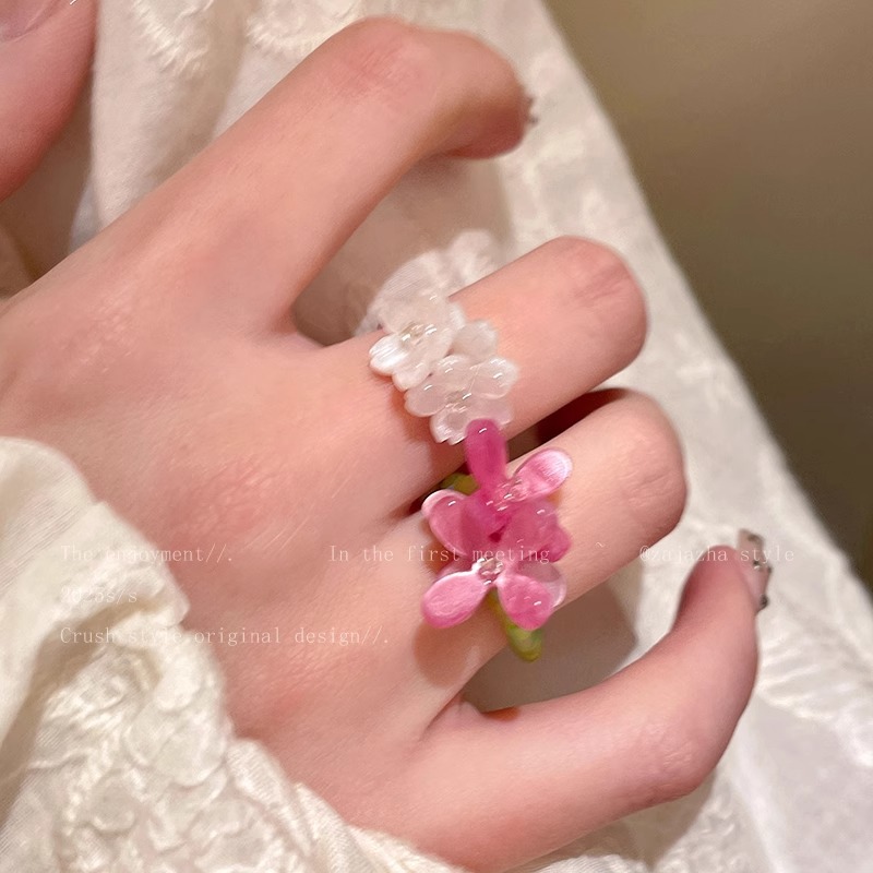 Violet flower ring, new Korean-style index finger ring for girls in early spring, elastic beaded, stacked ring for best friends pic 13