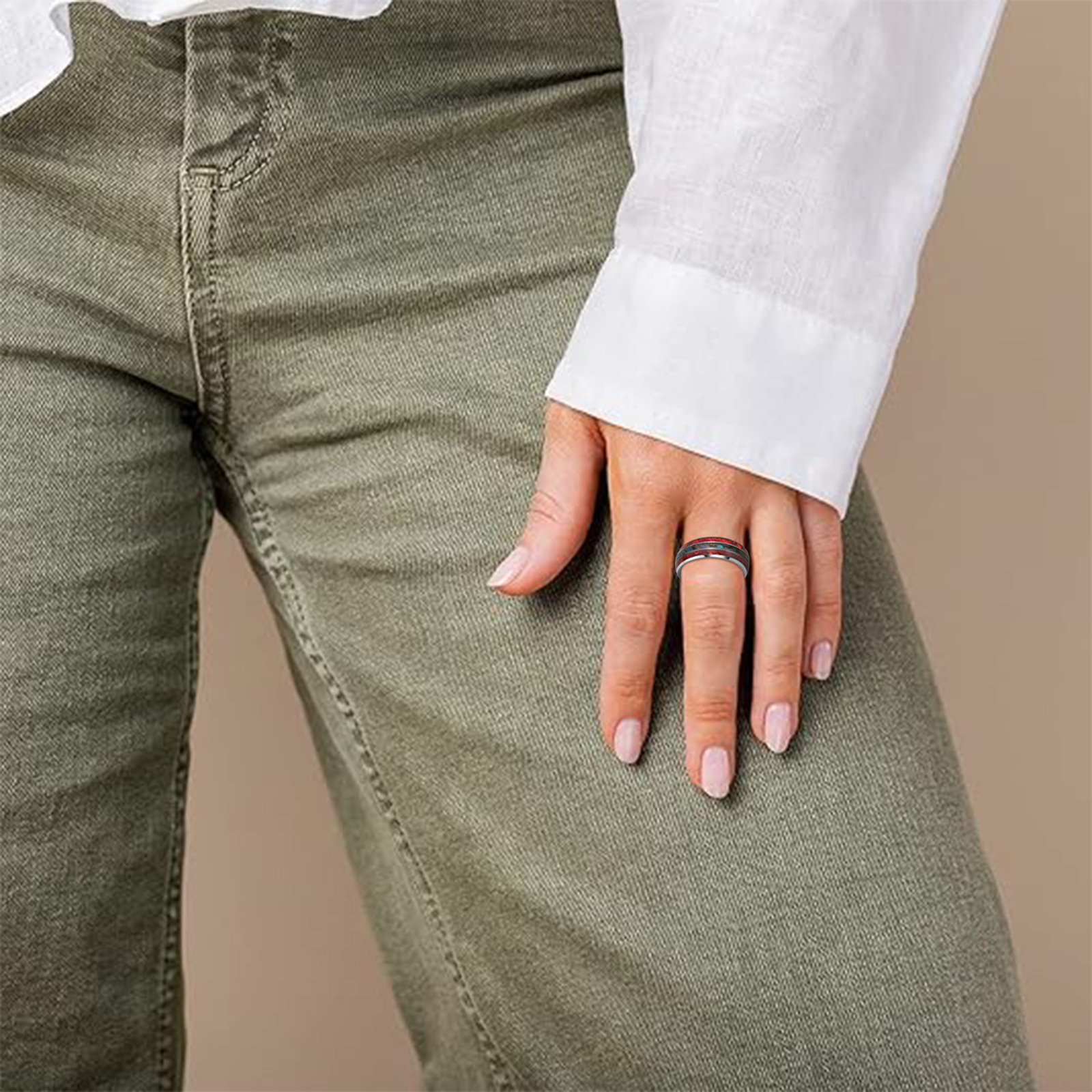 Cross-border Amazon 2024 new titanium steel jewelry inlaid with acacia wood imitation Australian abalone shell ring and bracelet wholesale pic 3