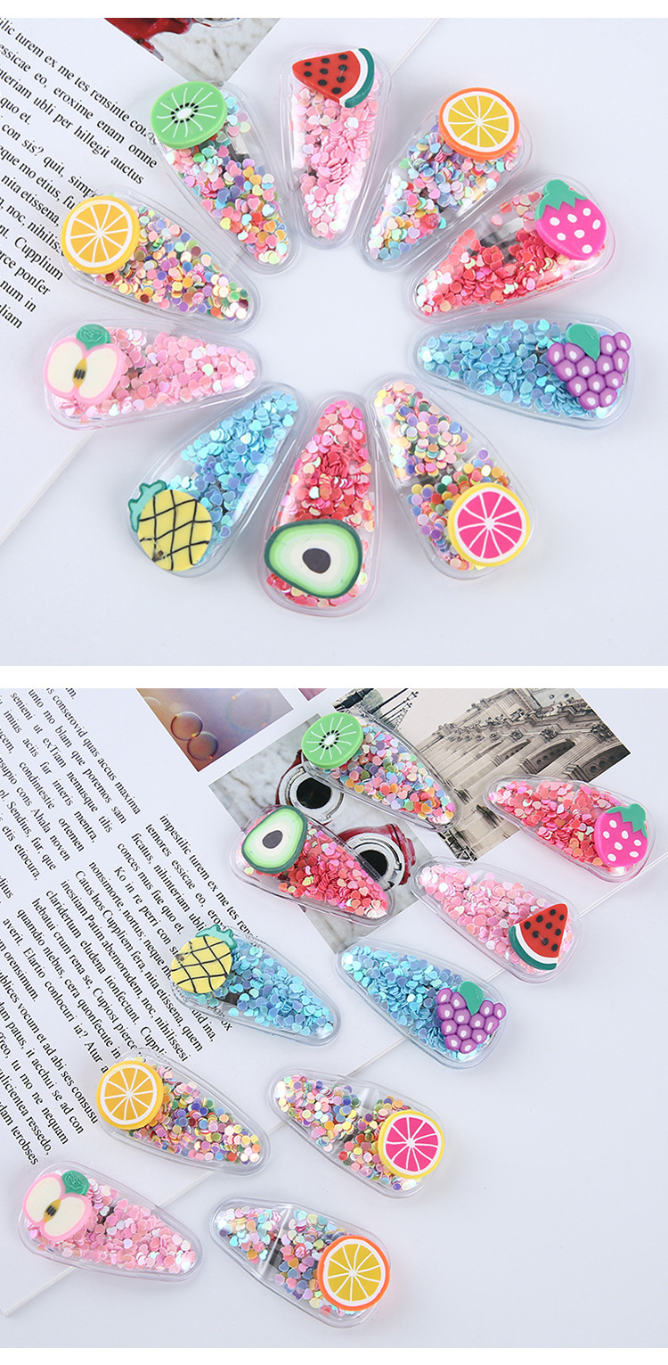 网红新款彩色流沙透明儿童水果发夹PVC边夹宝宝BB侧边夹头饰品详情8