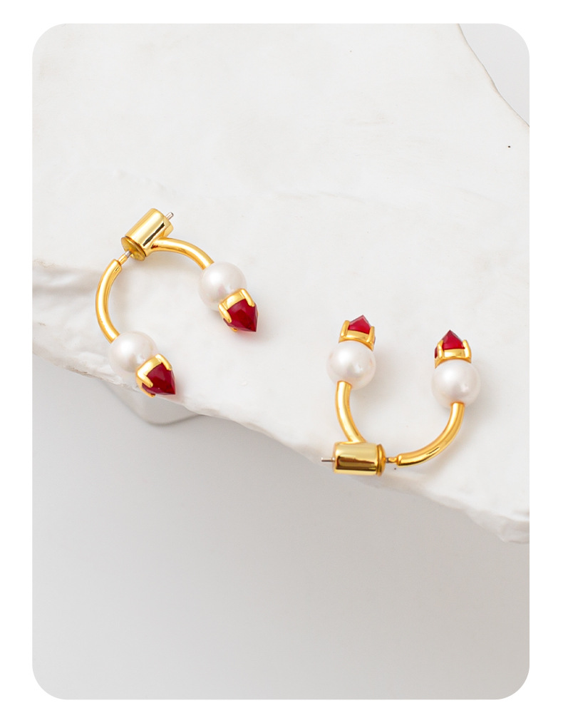 韩国网红同款珍珠耳钉时尚通勤玻璃红宝石耳钉女百搭小众设计耳钉详情6