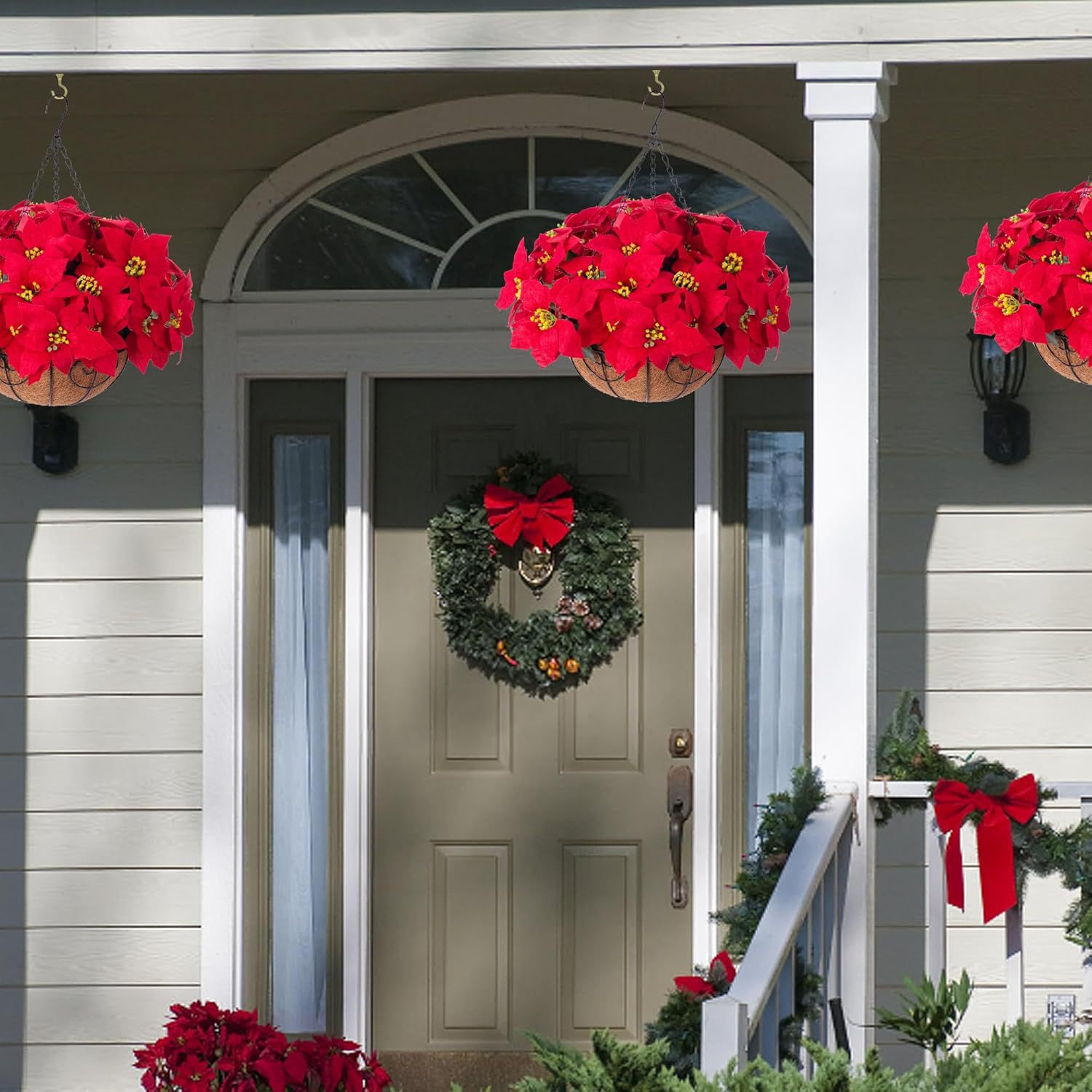 一品红仿真圣诞花吊篮圣诞花环装饰品 节日门口百合铁艺花篮挂件详情9
