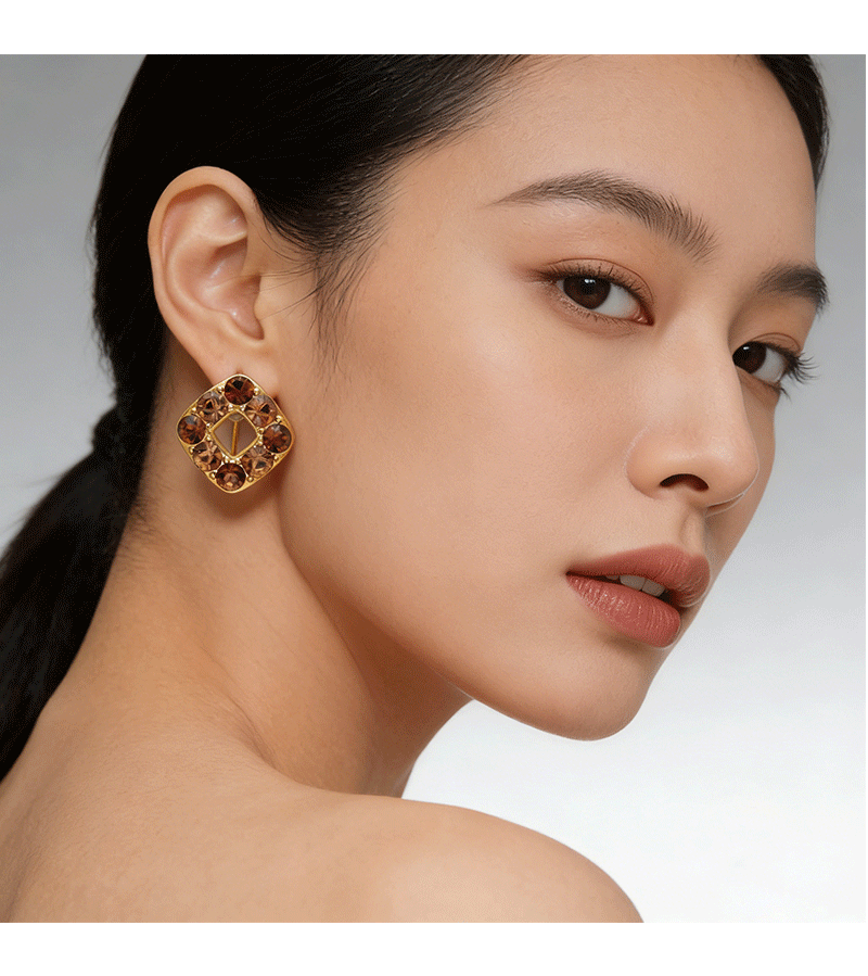 Hyacinth925 silver needle retro Hong Kong-style small stud earrings, niche design, commuting caramel-colored square earrings, elegant earrings pic 5