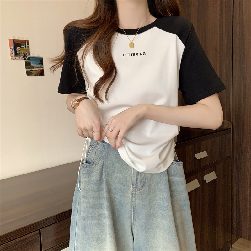 短袖T恤女夏季印花字母打底衫大码显瘦休闲正肩撞色抽绳上衣外穿详情11