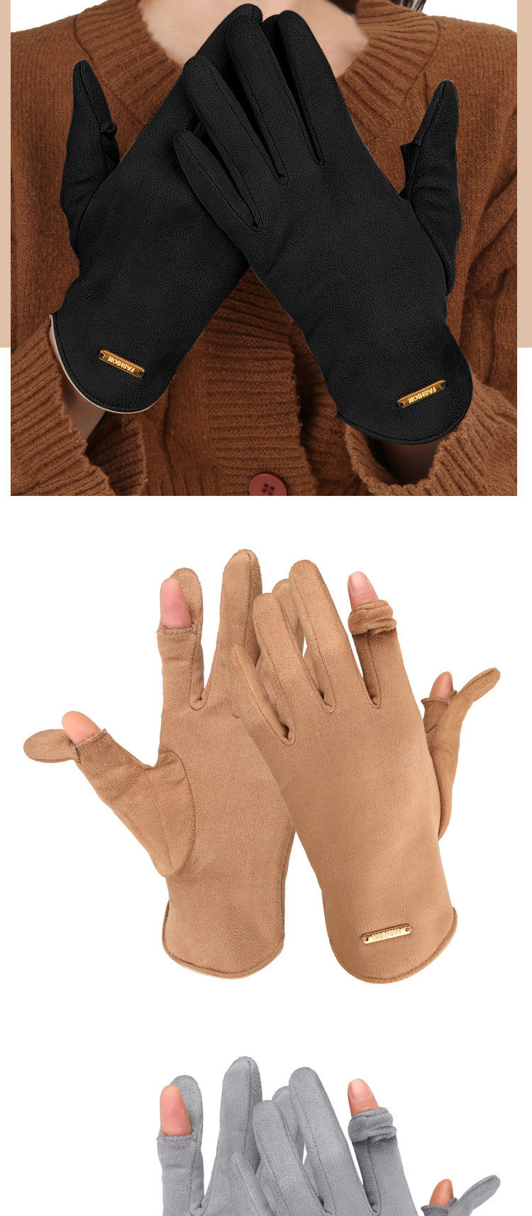 简约麂皮绒漏指手套男女加绒保暖手套骑行开车翻盖触屏情侣手套详情45