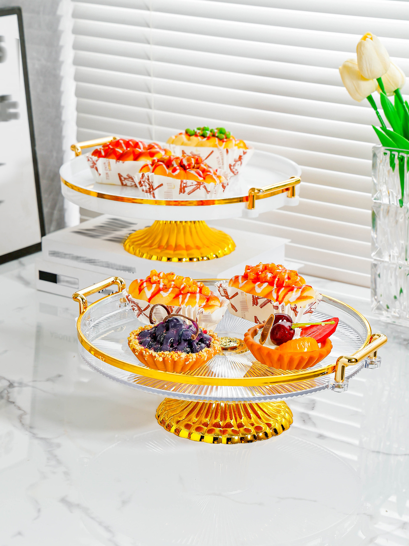 High-legged cake tray, covered dessert stand, display rack, transparent plastic fruit plate, buffet bread and pastry plating pic 3