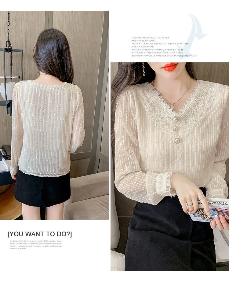 秋季新款长袖雪纺衫漂亮小衫气质上衣女蕾丝v领打底衫详情13