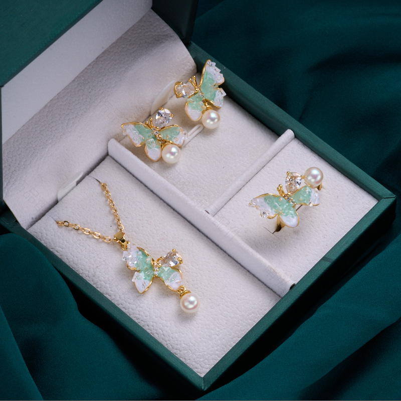 Pearl ring, earneedle pendant, three-piece set, empty stand, four-petal flower, white butterfly shell design, high-end DIY light luxury earrings pic 12