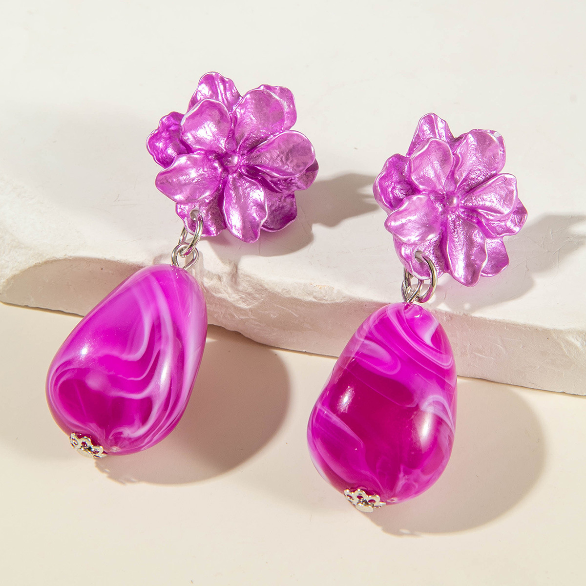 欧美跨境个性饰品紫色椭圆松石耳坠小众设计感玫瑰花朵耳环耳饰女详情35