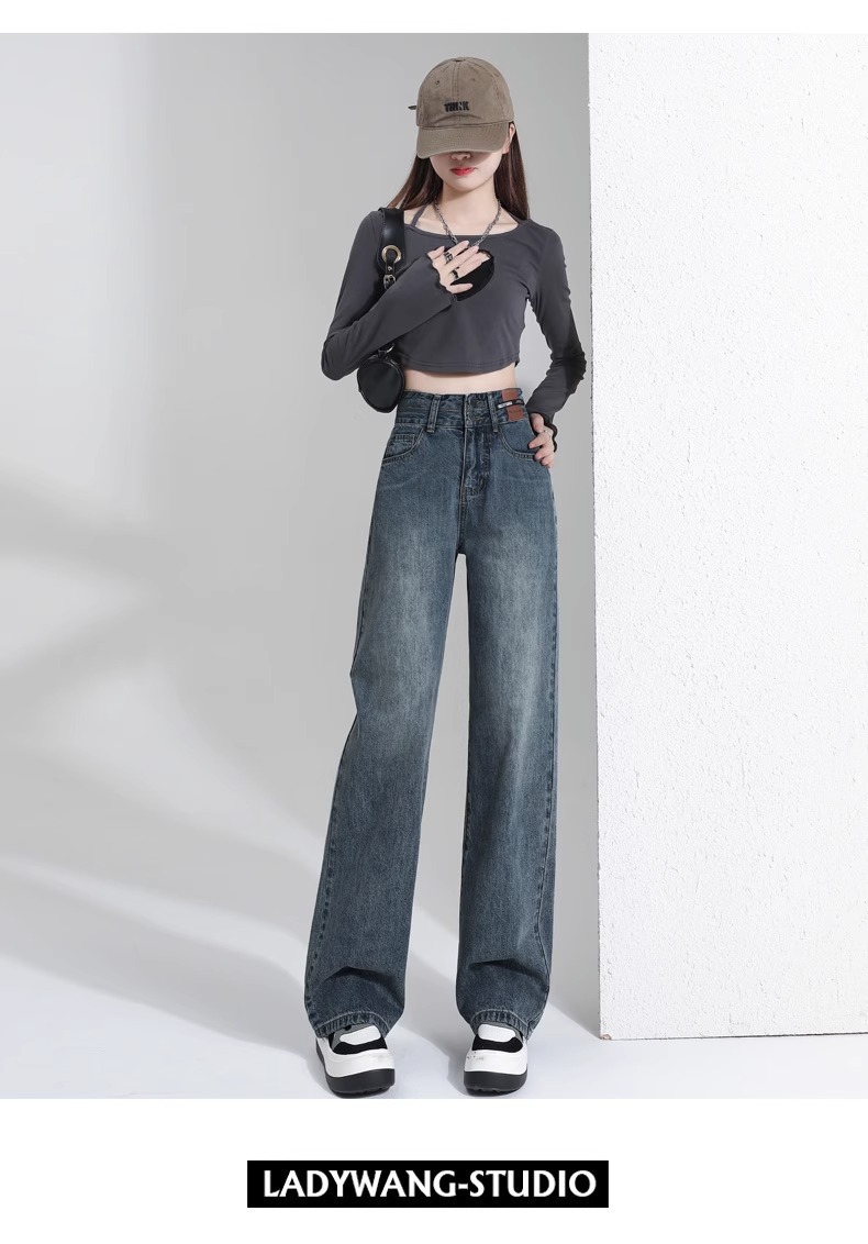Cement grey narrow wide-leg jeans for women in summer, large size, high waist, loose and slimming, floor-length straight-leg pants for petite ladies pic 16