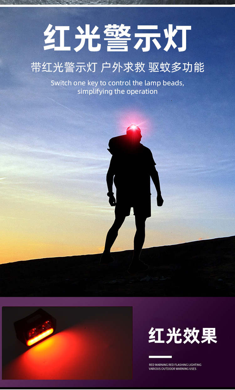 Cross-border smart sensor headlamp, strong light charging, portable yellow, white and red three light sources, long battery life, night fishing light, night running light pic 5