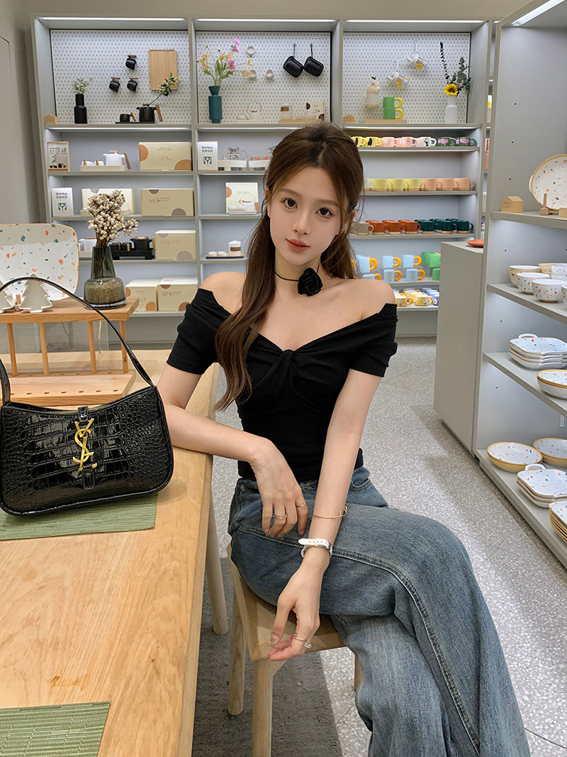 雅姿欣设计感白色短袖T恤两穿修身辣妹百搭显瘦内搭上衣女一字肩详情19