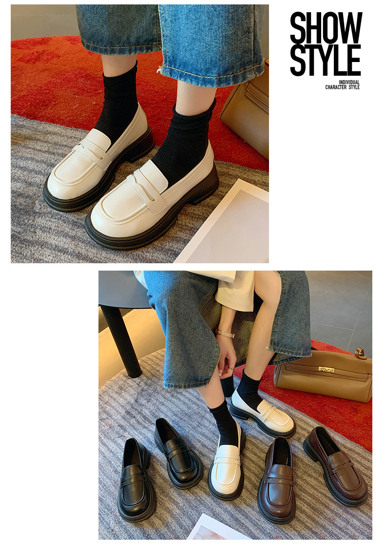 The new 2024 autumn collection of Japanese-style small leather shoes for women features a black thick-soled loafer with a British style, paired with a single jk uniform shoe pic 9
