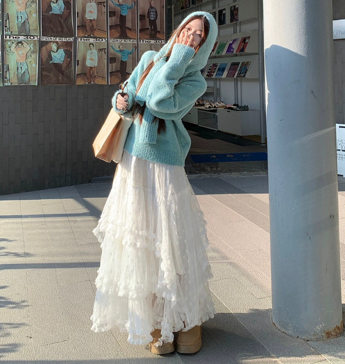 白色重工蕾丝拼接不规则网纱半身裙女秋冬高级感蛋糕裙大摆长裙子详情8