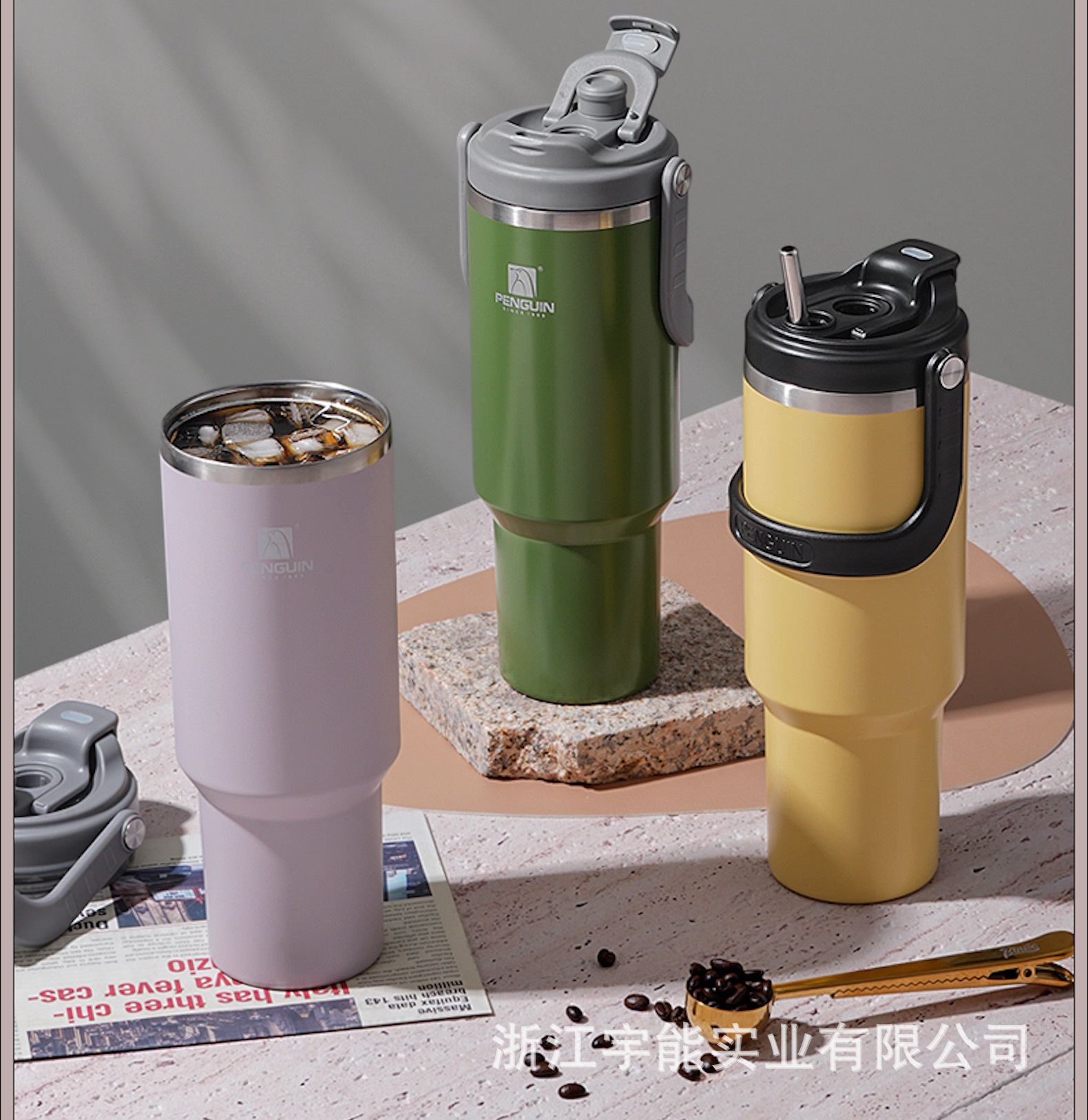 企鹅新品手提冰霸汽车杯车载咖啡水杯304不锈钢大容量保温运动壶详情2