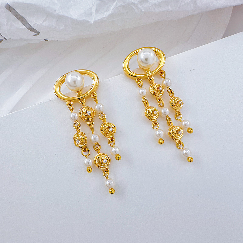 Nuevo estilo moda mujer pendientes calado rosa flor perlas pendientes premium sentido borlas magos luz accesorios de oído de lujo pic 12