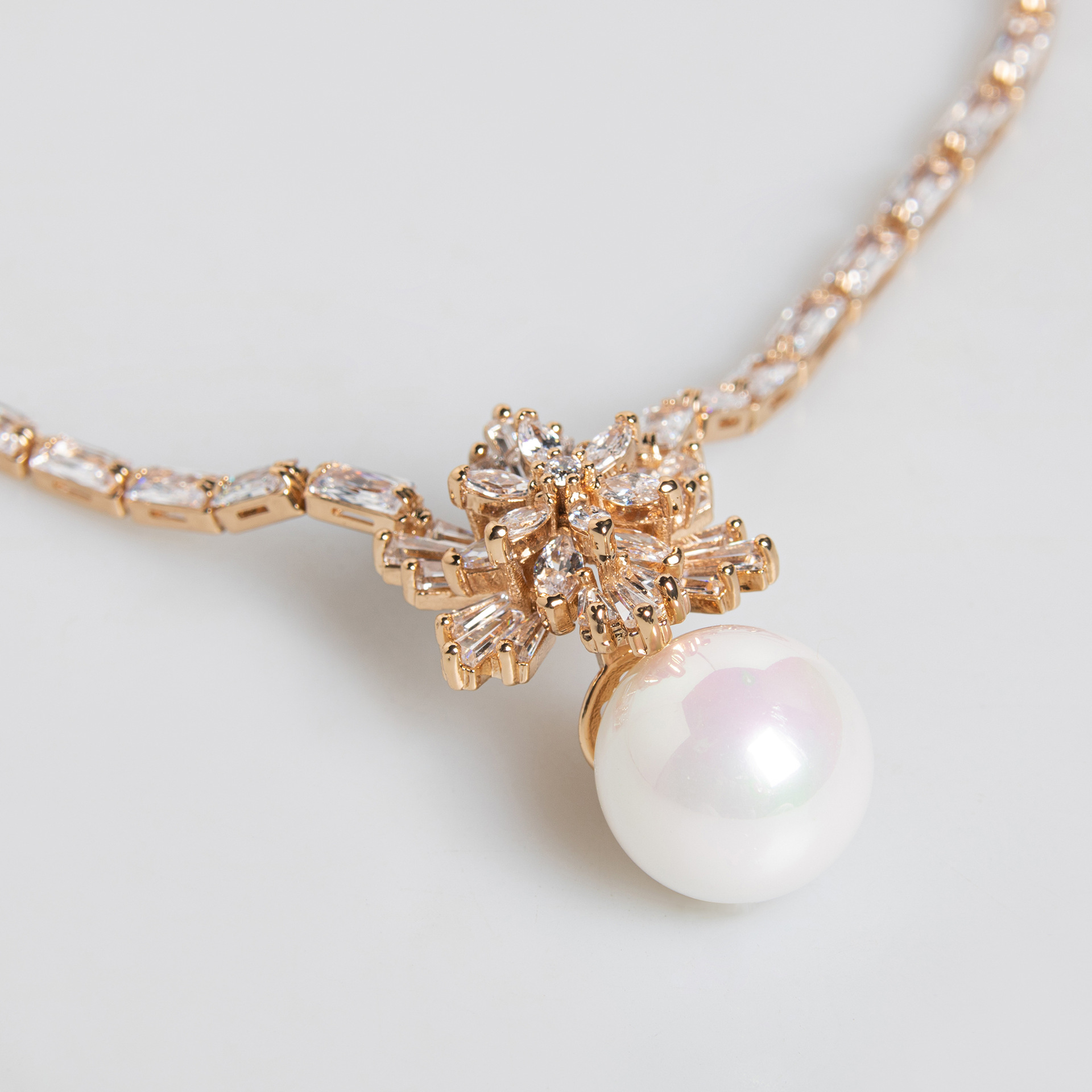 日韩高端珍珠锆石雪花项链耳饰套装韩版名媛气质冷淡风时尚首饰LYTJ5365格蒂莎珠宝饰品宴会礼服配饰锆石套链详情5