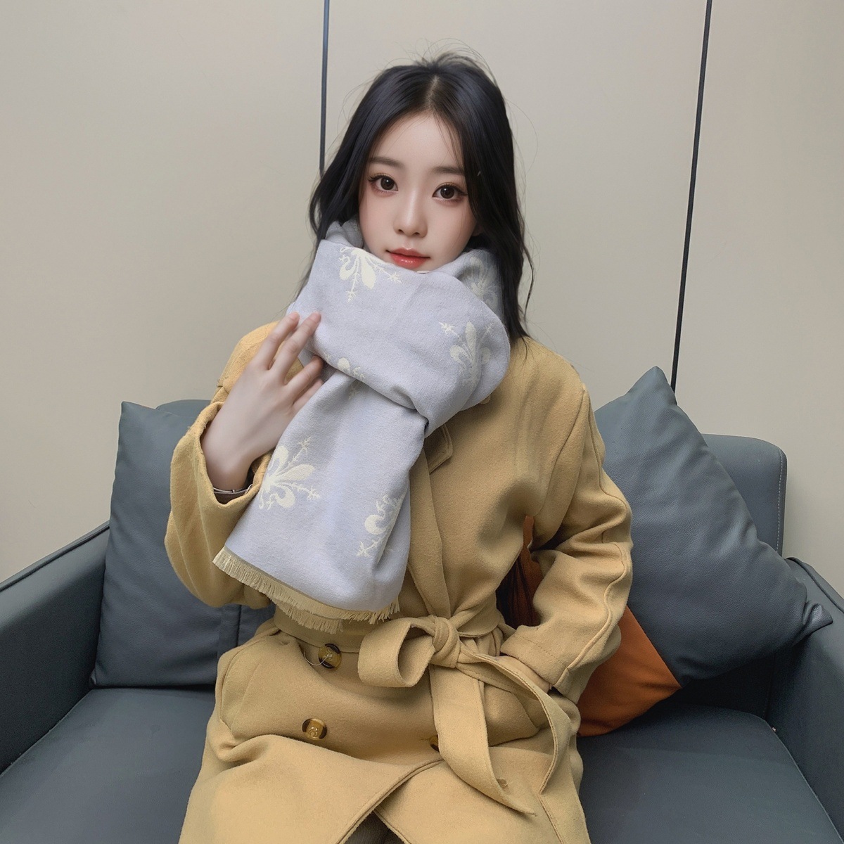 围巾女冬季欧美风格佛罗伦萨鸢尾花披肩加厚百搭双面保暖围脖保暖详情12